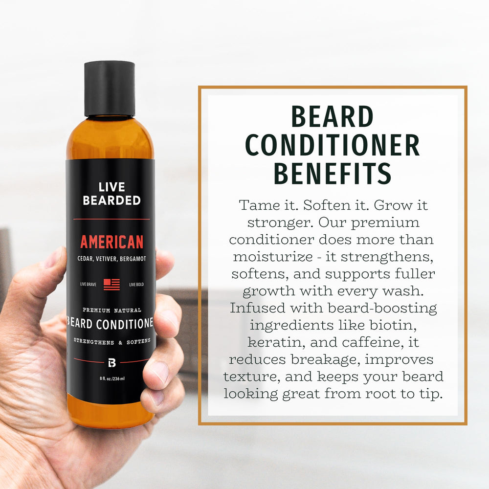 Live Bearded conditionneur barbe - senteur américaine boisée pour une routine masculine.