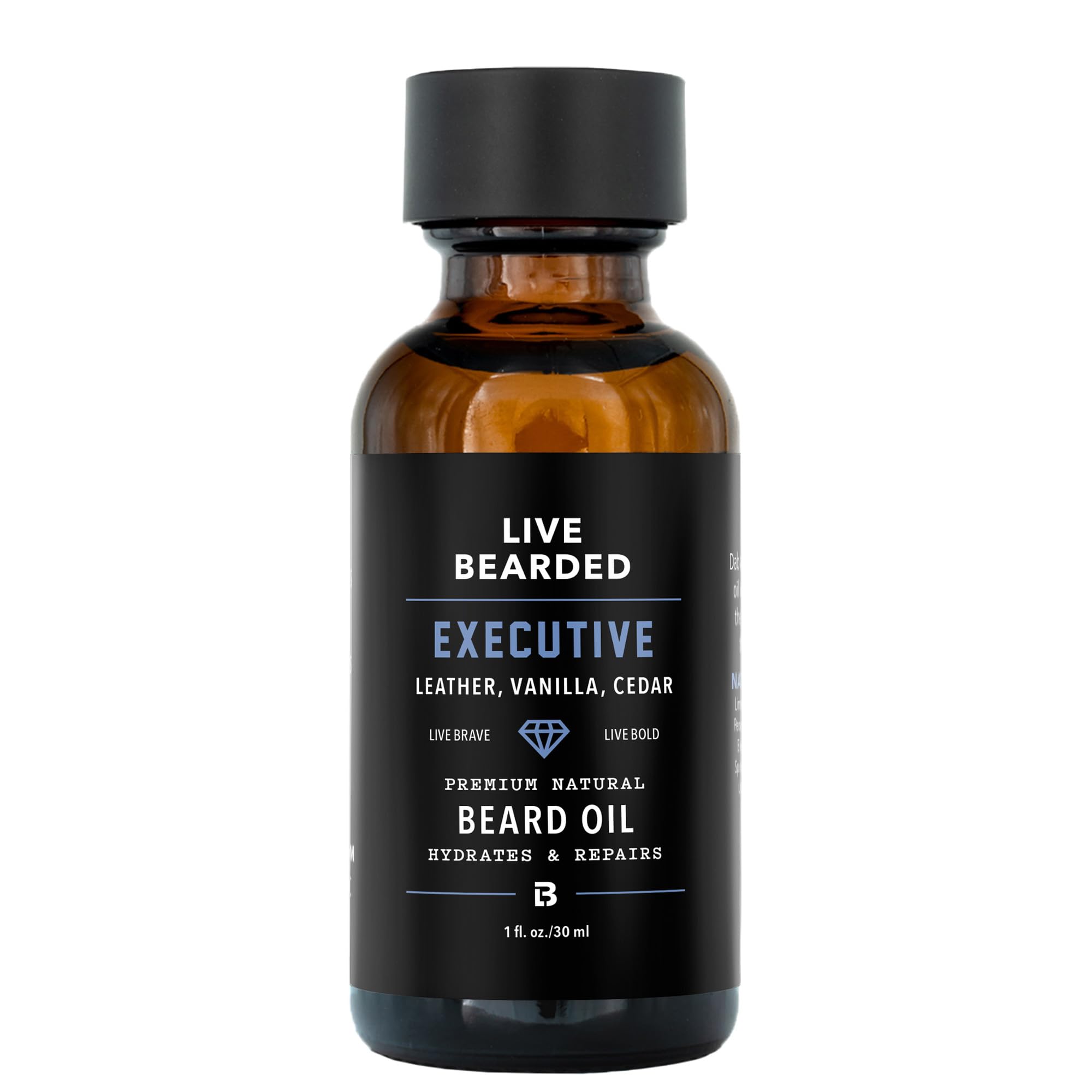 Live Bearded – huile barbe flacon, senteur exécutif, hydratation durable.