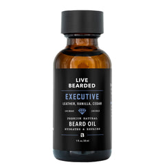 Live Bearded – huile barbe flacon, senteur exécutif, hydratation durable.