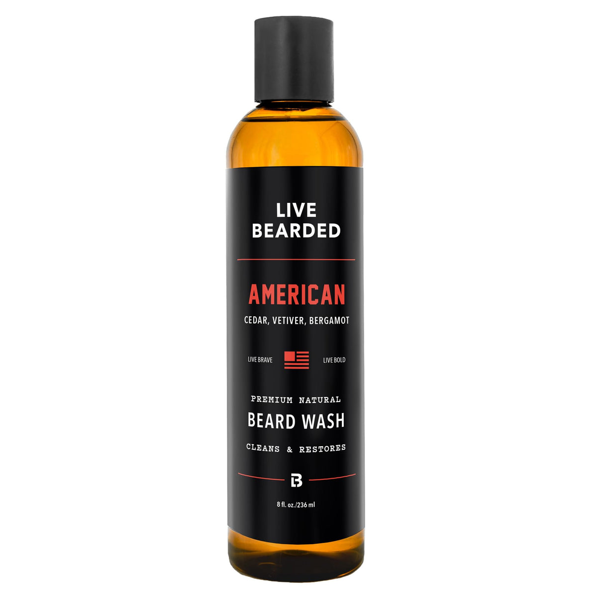 Live Bearded Lavage Barbe, flacon vu de face, nettoyage en douceur pour la peau et la barbe.