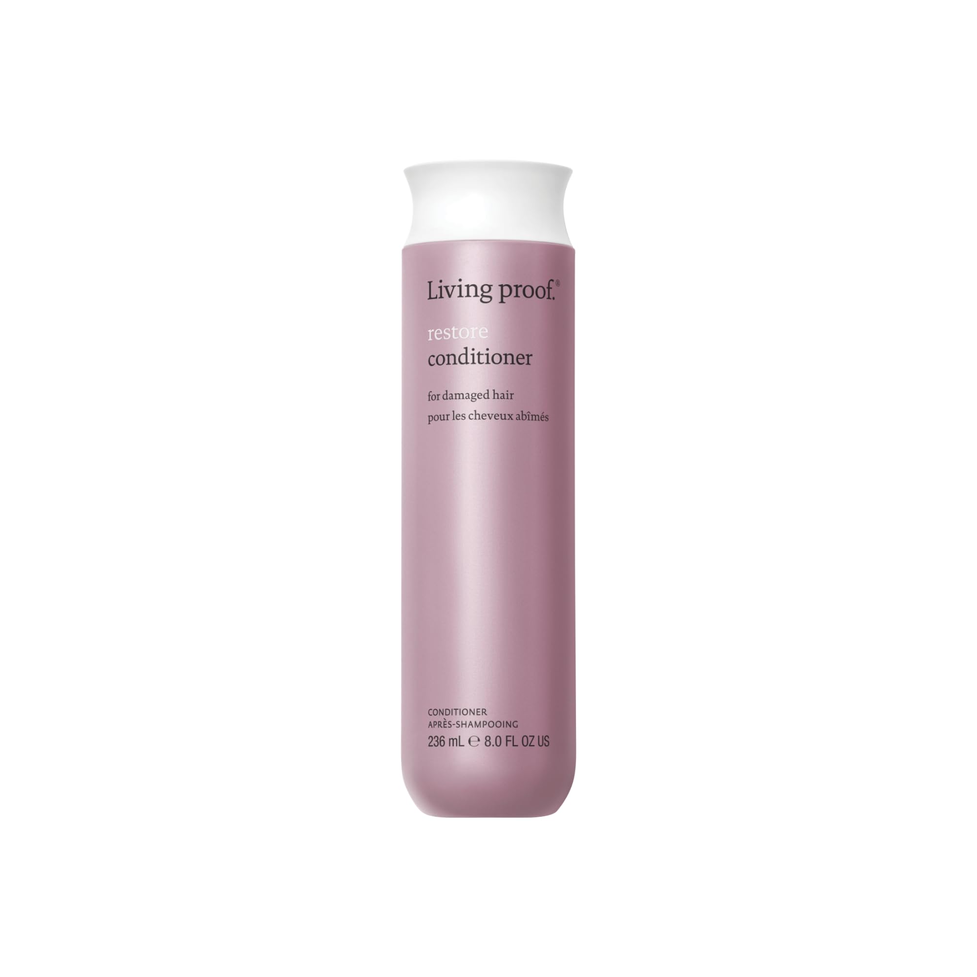 Living Proof Restore Conditioner en flacon, démontrant la réparation visible des cheveux.