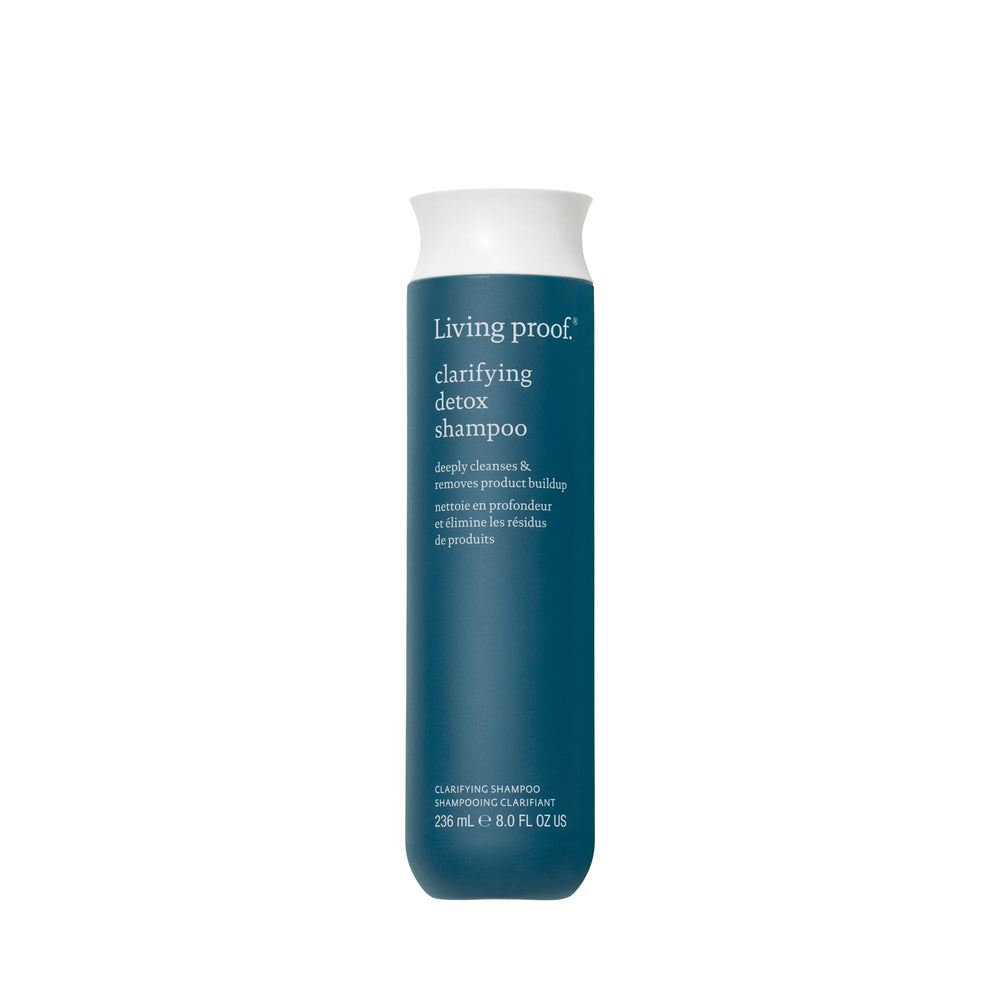 Living Proof Clarifying Detox Shampoo, bouteille ouverte, nettoyage en profondeur prêt à l'emploi.