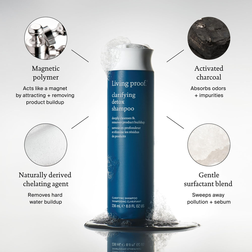 Living Proof Clarifying Detox Shampoo, cheveux propres et brillants après rinçage.
