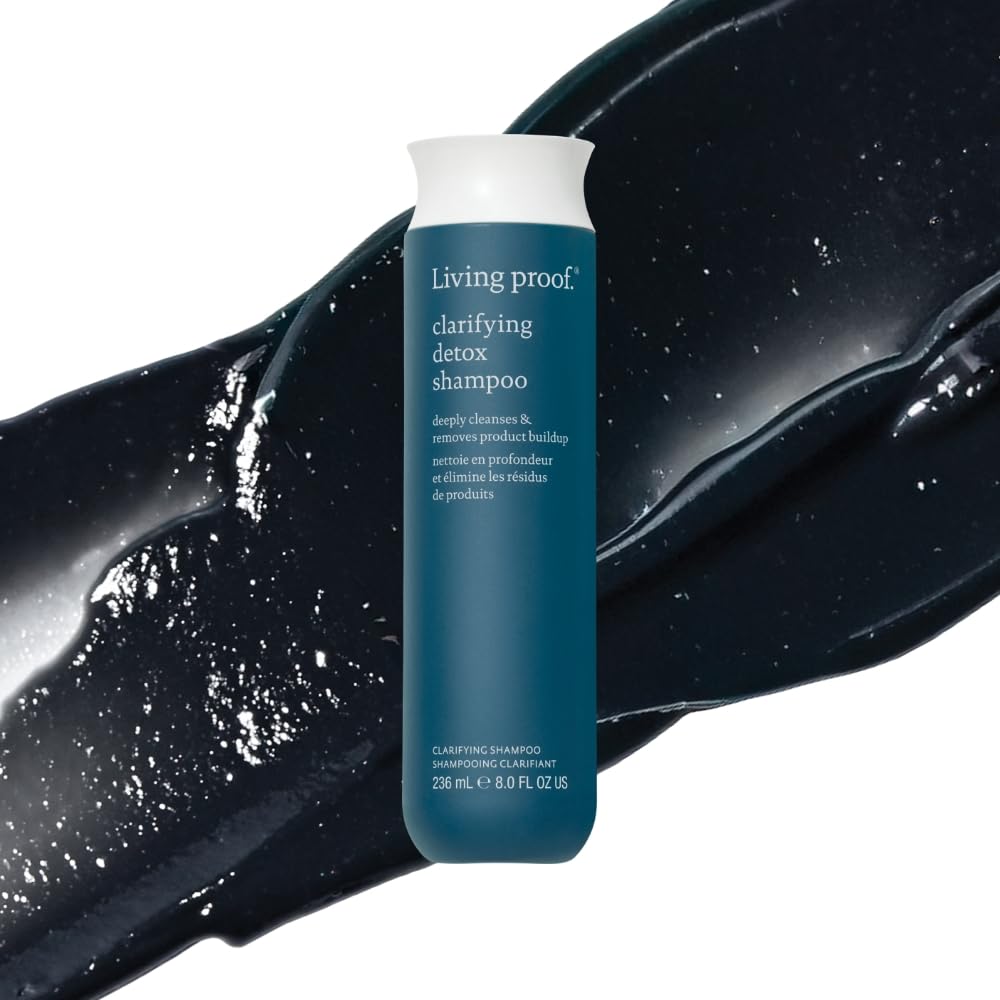 Living Proof Clarifying Detox Shampoo, étiquette luxueuse et visuel premium.