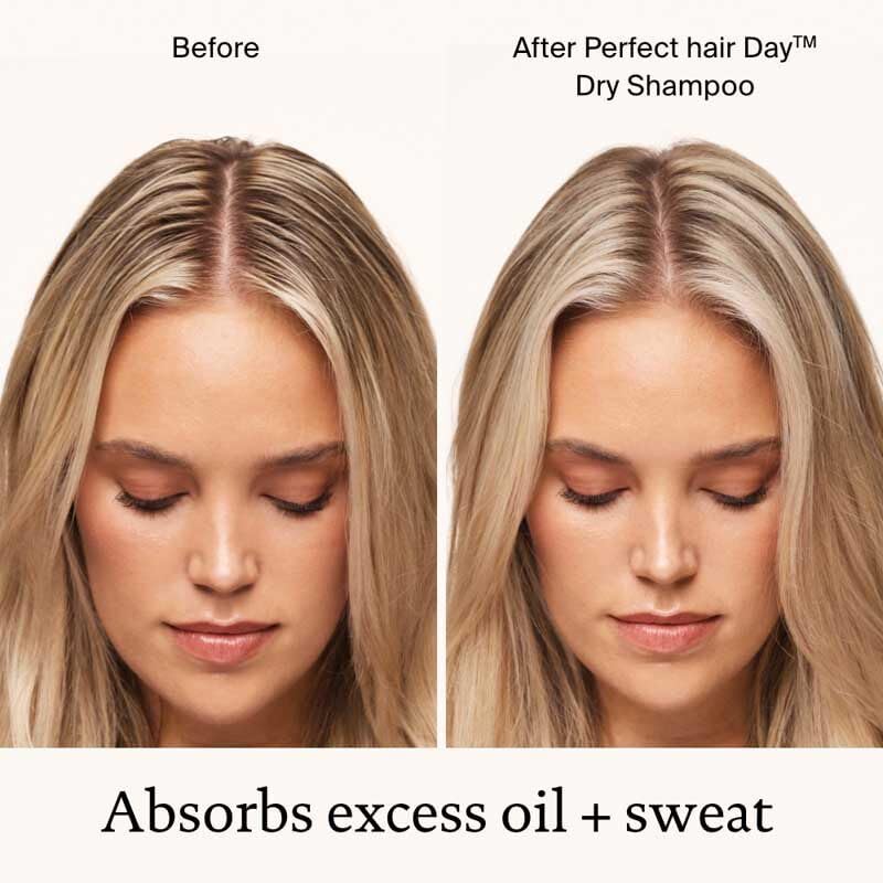 Pulvérisation du Shampoing sec Perfect Hair Day sur les racines Living Proof.
