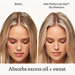 Pulvérisation du Shampoing sec Perfect Hair Day sur les racines Living Proof.