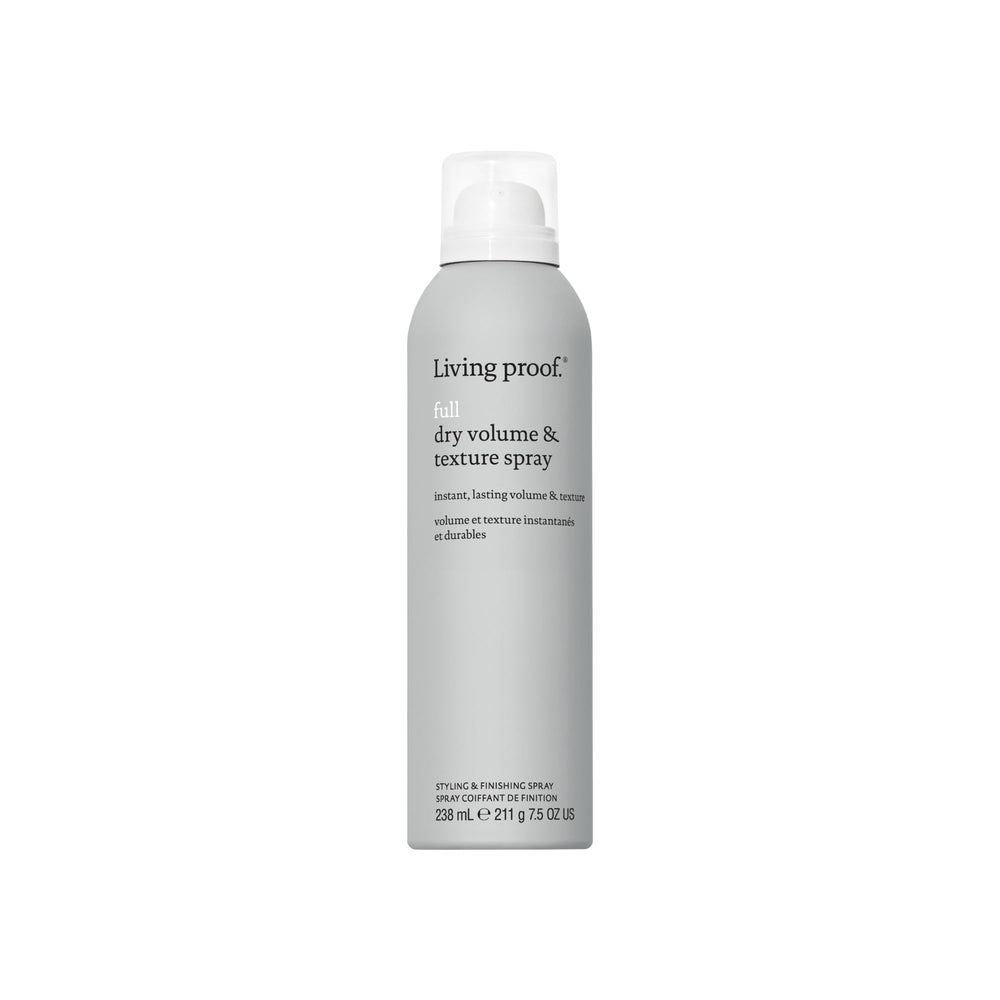 Living proof Full Dry Volume & Texture Spray – bouteille montrant l’effet volume immédiat sur cheveux fins.