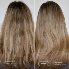 Cheveux humides avant masque Living Proof, fibres réhydratées et douceur.