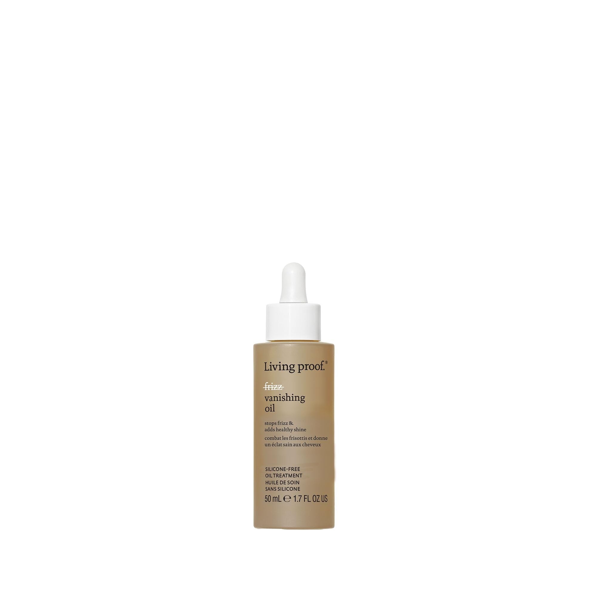 Living Proof No Frizz Vanishing Oil – bouteille élégante, anti-frisottis et brillance légère.