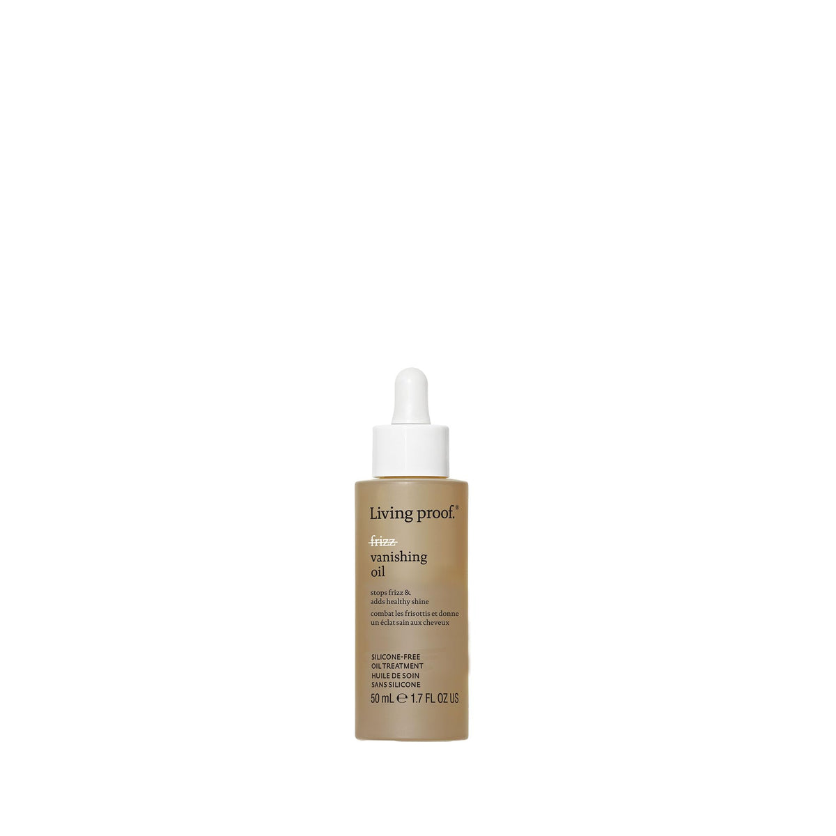 Living Proof No Frizz Vanishing Oil – bouteille élégante, anti-frisottis et brillance légère.