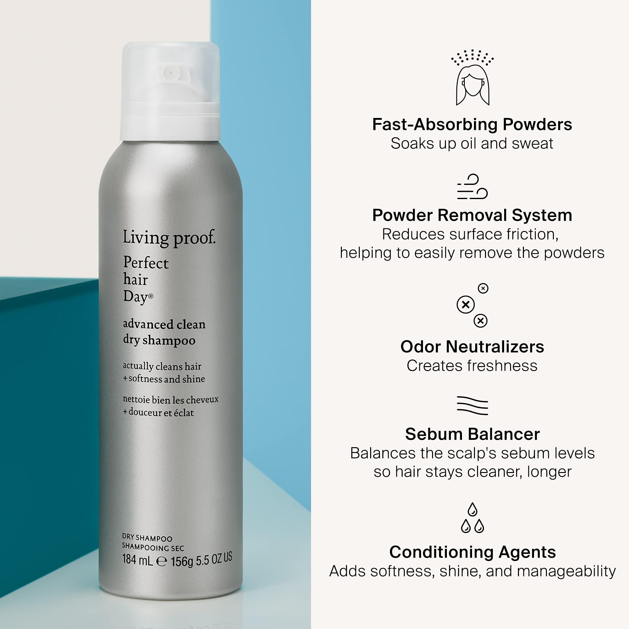 Living Proof Shampoing Sec texture légère sans résidu visible.
