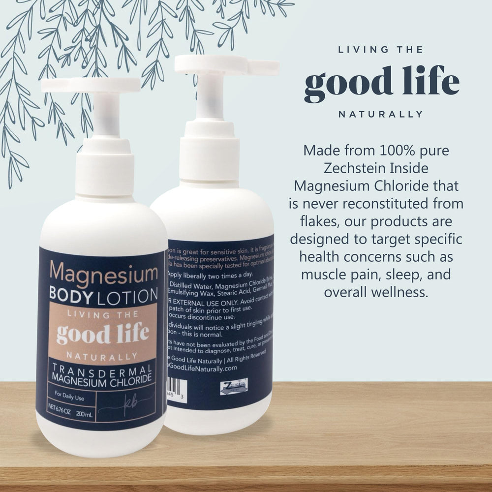 Lotion magnésium Living the Good Life Naturally, ingrédients clés vitamine E pour nourrir la peau.