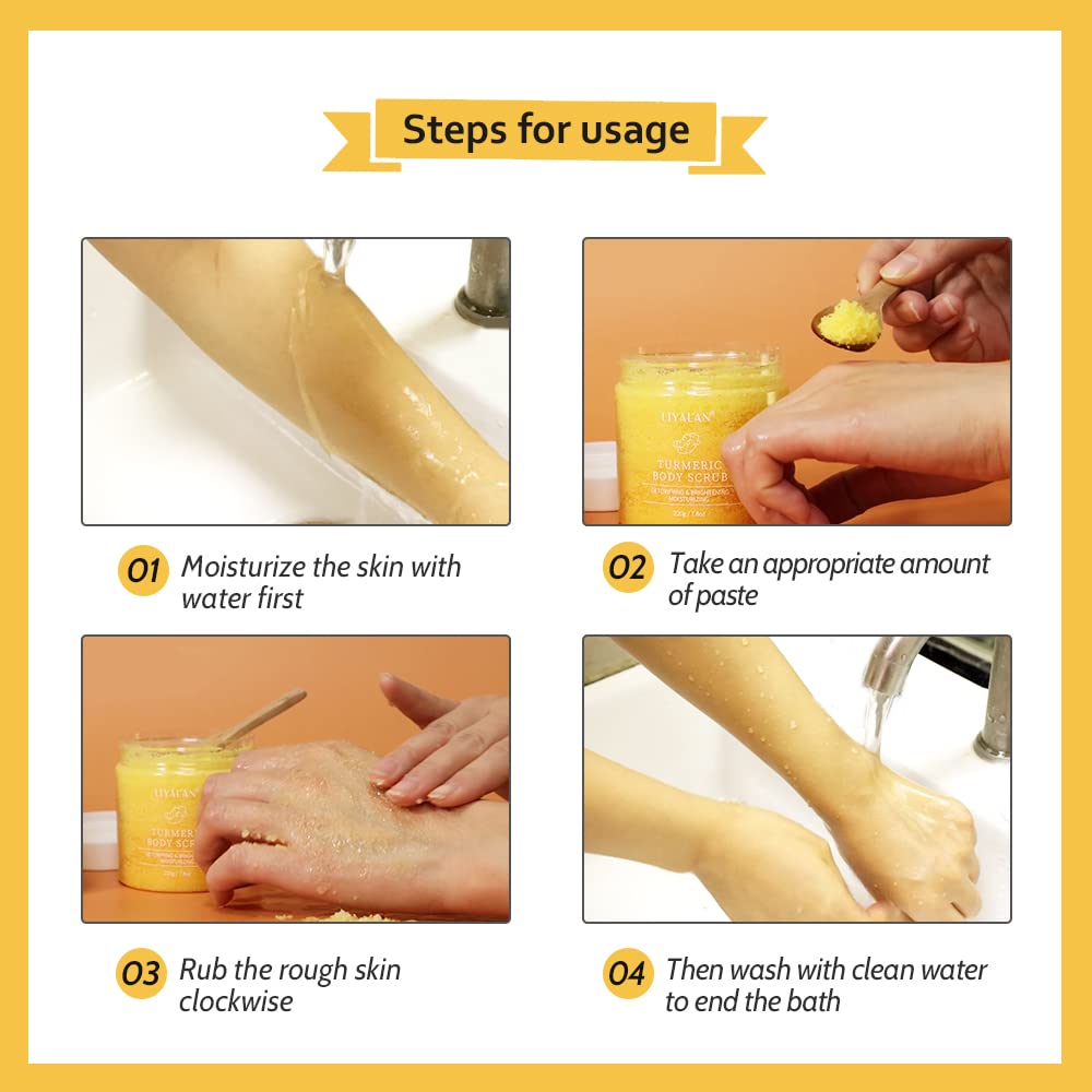 Application sur peau mouillée et massage circulaire pour lisser les zones rugueuses.