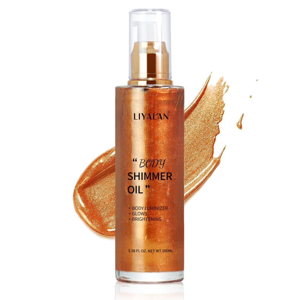 Huile LIYALAN brillante pour corps bronze-or, lueur estivale naturelle.