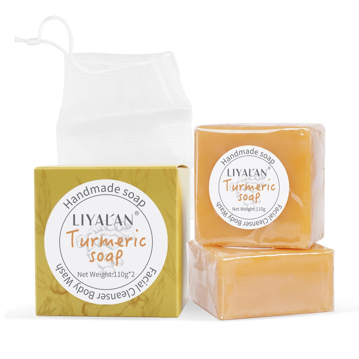 Savon LIYALAN au curcuma pour visage et corps, nettoyage doux.