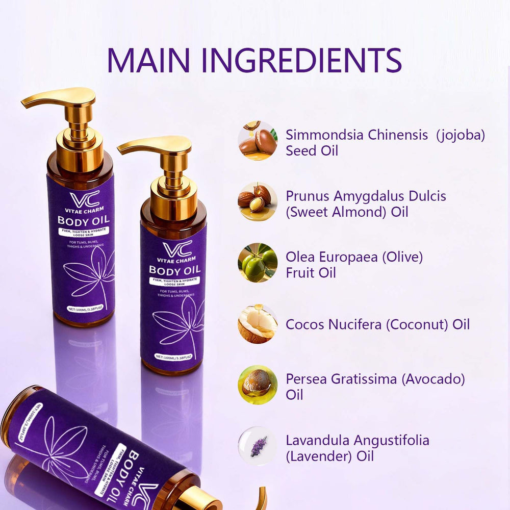 Huile naturelle Vitae Charm, mélange de jojoba, amande et coco pour la peau.