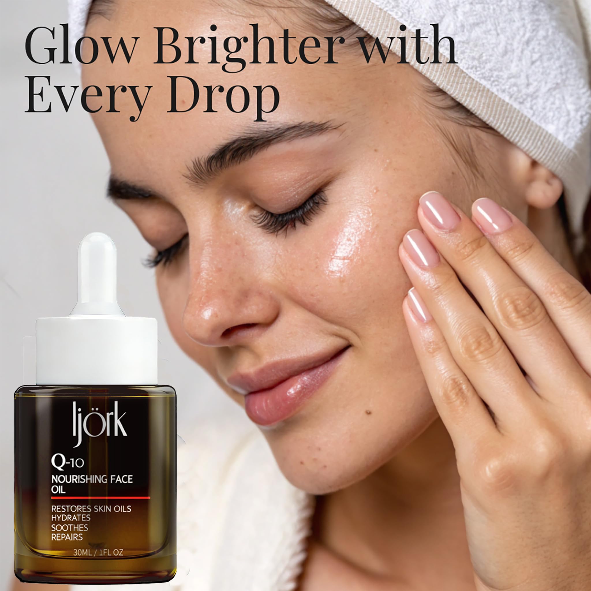 ljörk Q-10 Huile Visage – Application peau, fini léger sans film gras.