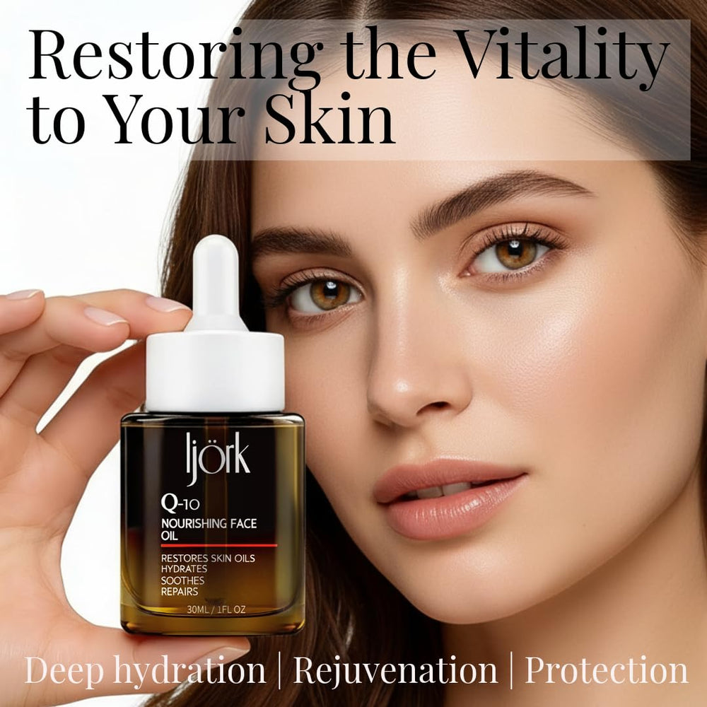ljörk Q-10 Huile Visage – Ingrédients clés CoQ10 et vitamines pour revitalisation potentielle.