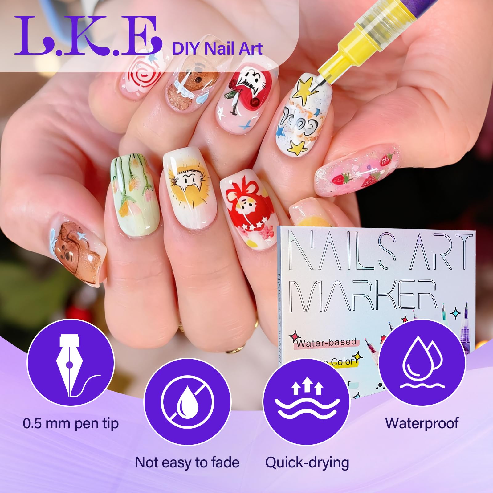 Stylo LKE pour art des ongles avec pointe fine 0,5 mm pour motifs détaillés.
