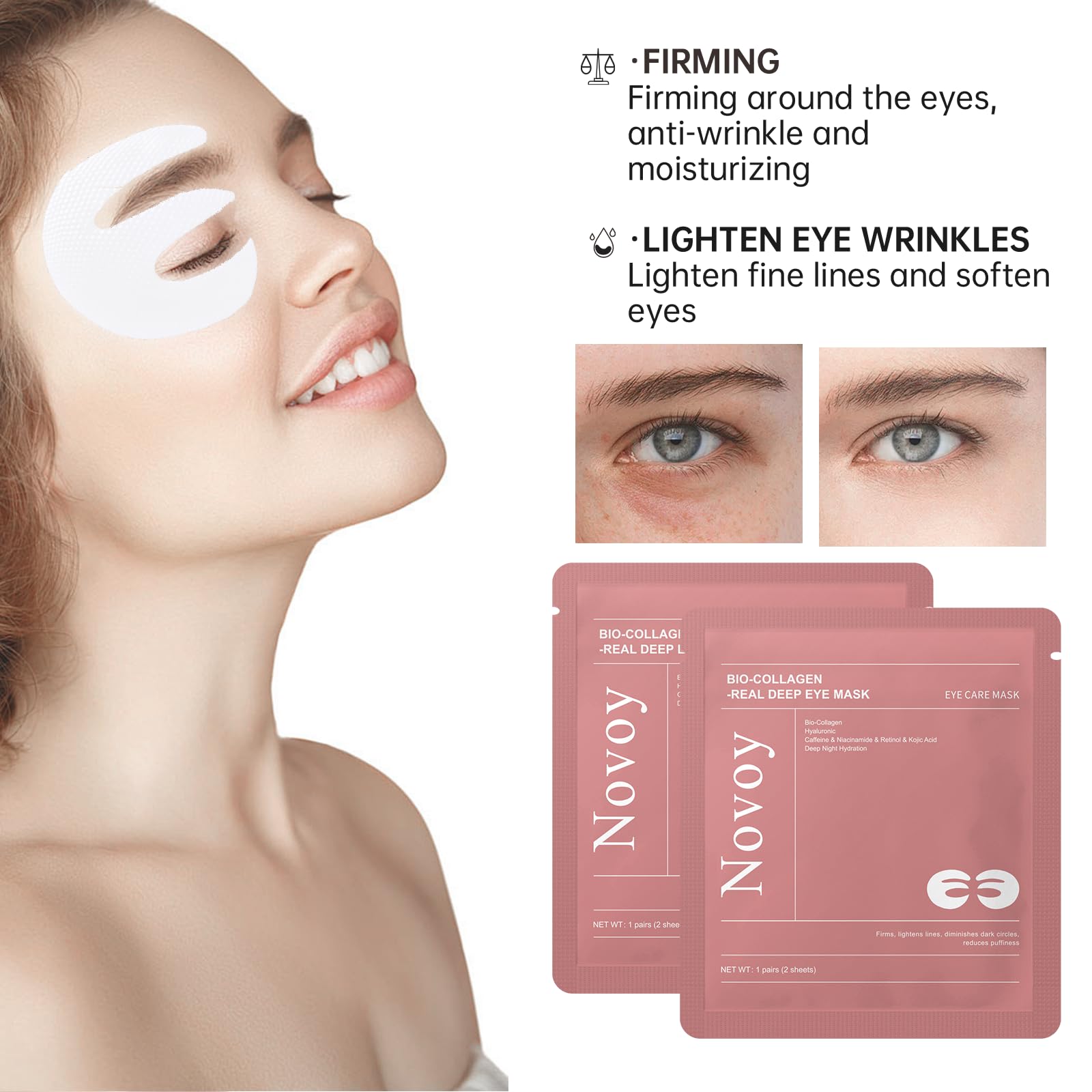 Patchs Novoy LLVYUO appliqués sur le contour des yeux la nuit.