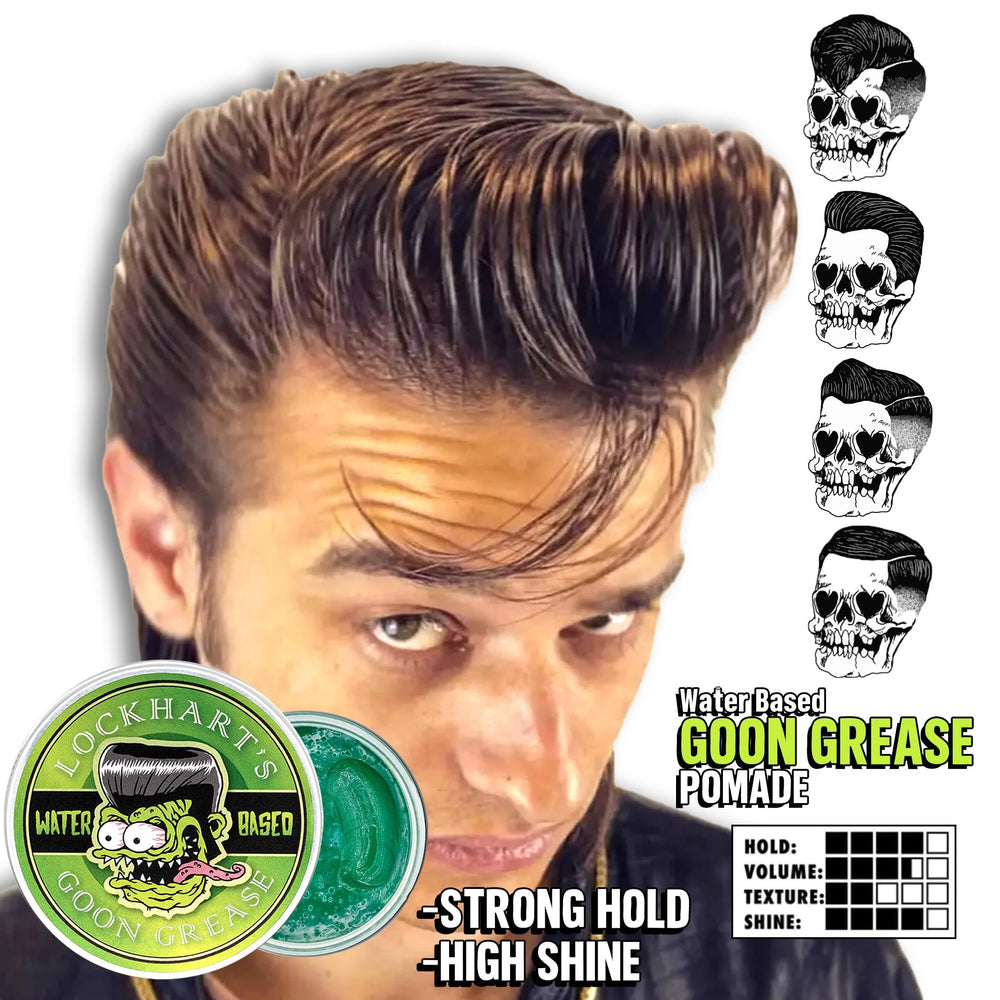 Pose et application des cheveux avec Lockhart’s Goon Grease, contrôle soutenu.