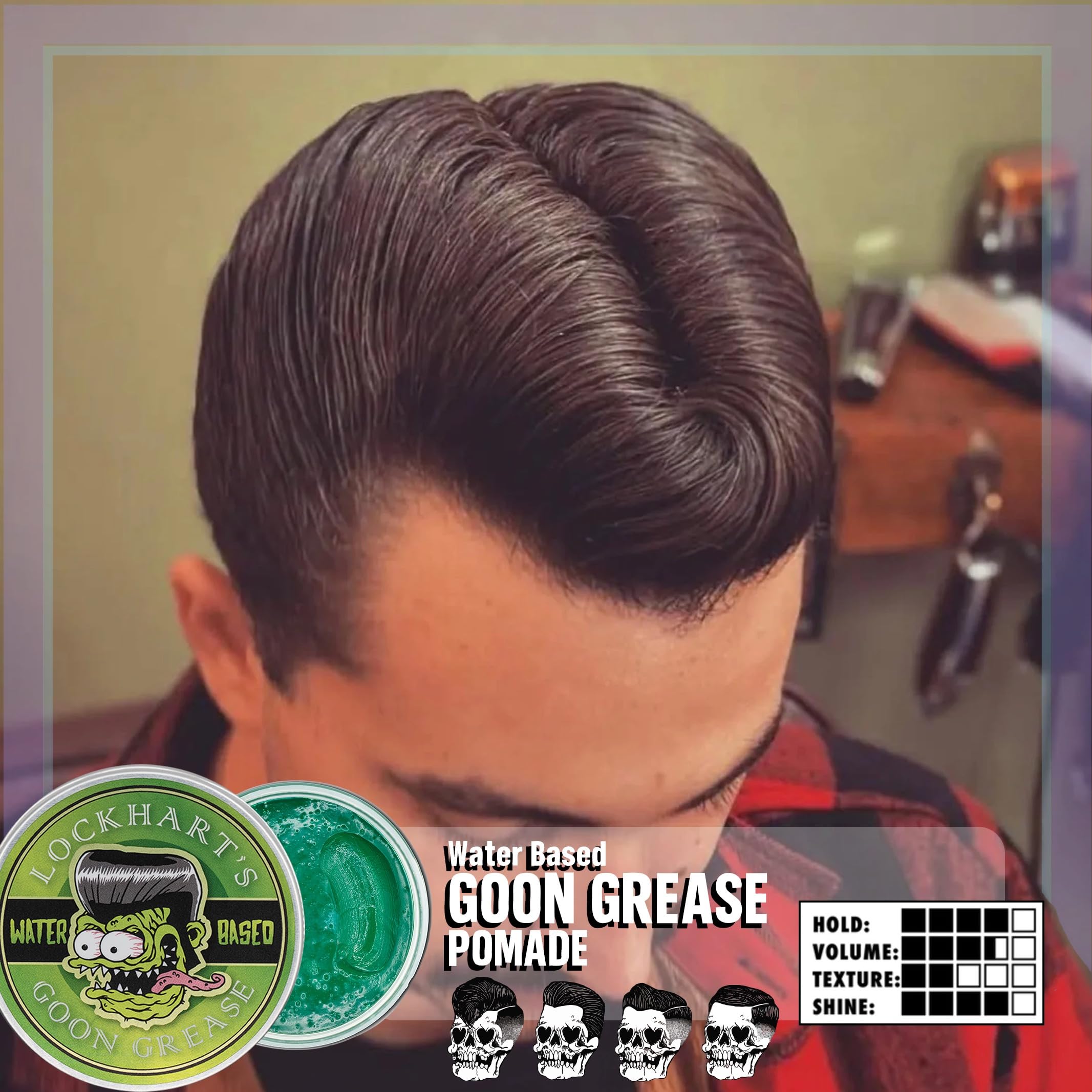 Goon Grease apporte brillance élevée et tenue ferme sur les cheveux.