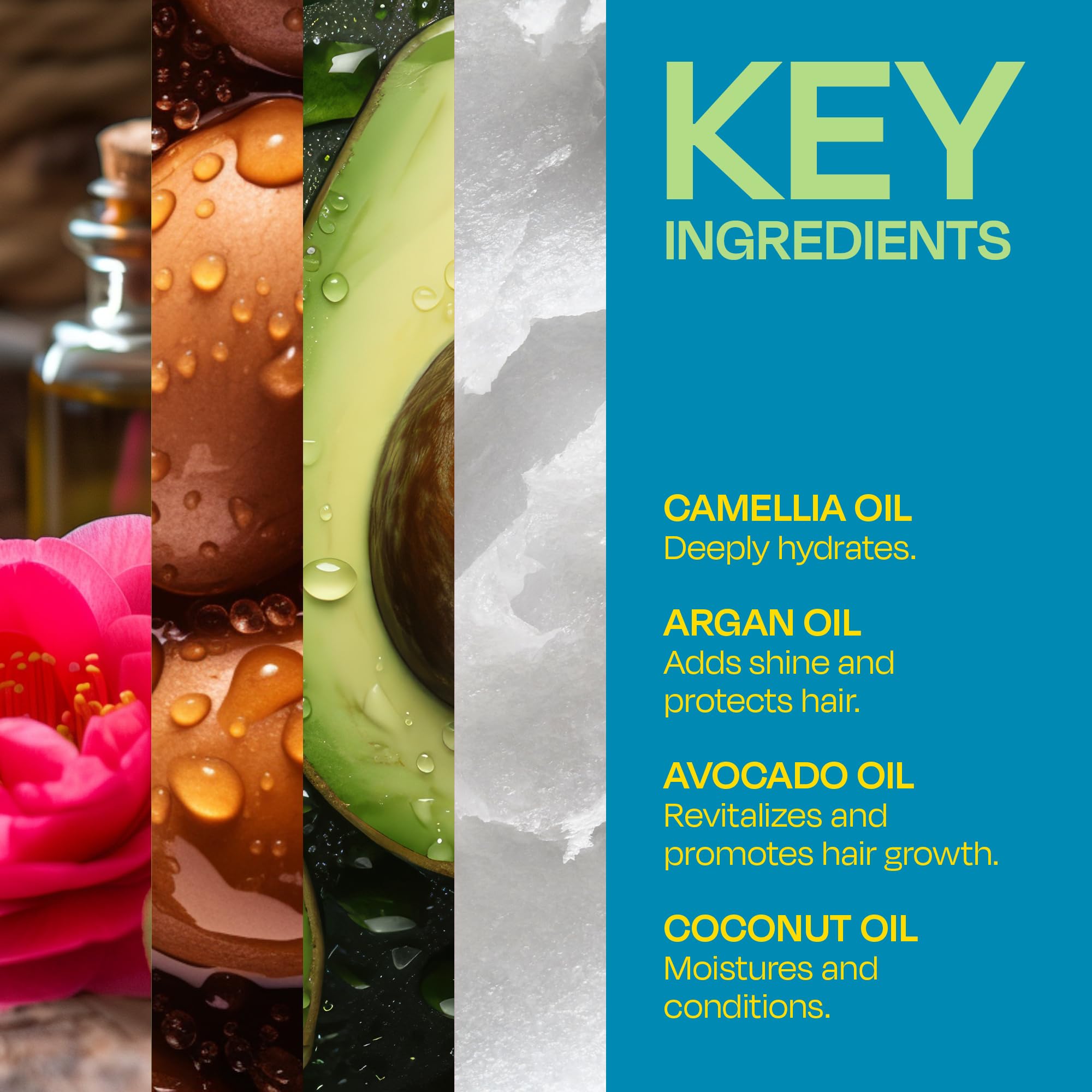Formule nourrissante à l’argan, camellia et avocat pour le cuir chevelu.