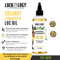 Lockology Loc Oil appliqué sur cheveux; parfum coco et citronnelle en arrière-plan