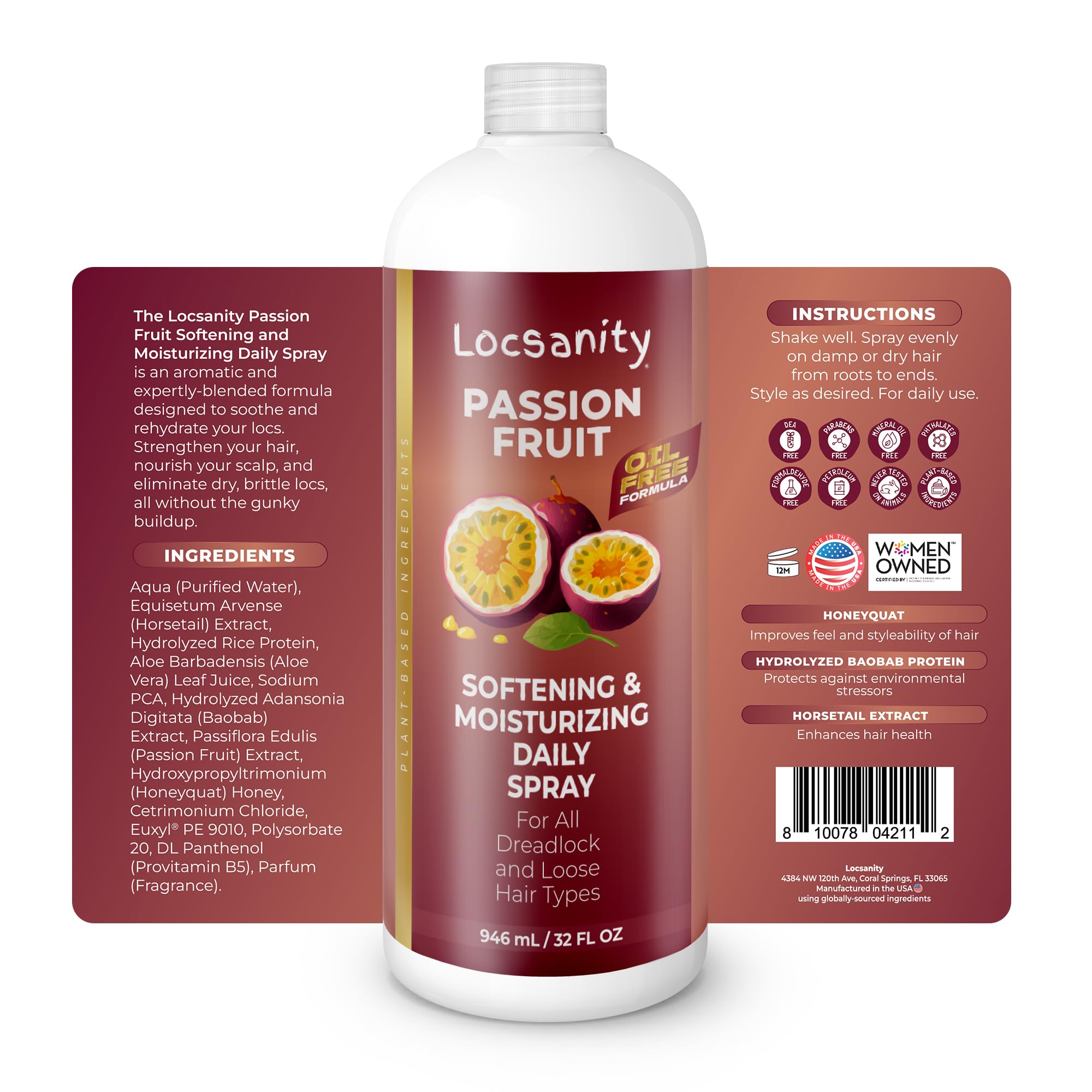 Locsanity bouteille spray passion fruit, hydratation longue durée.