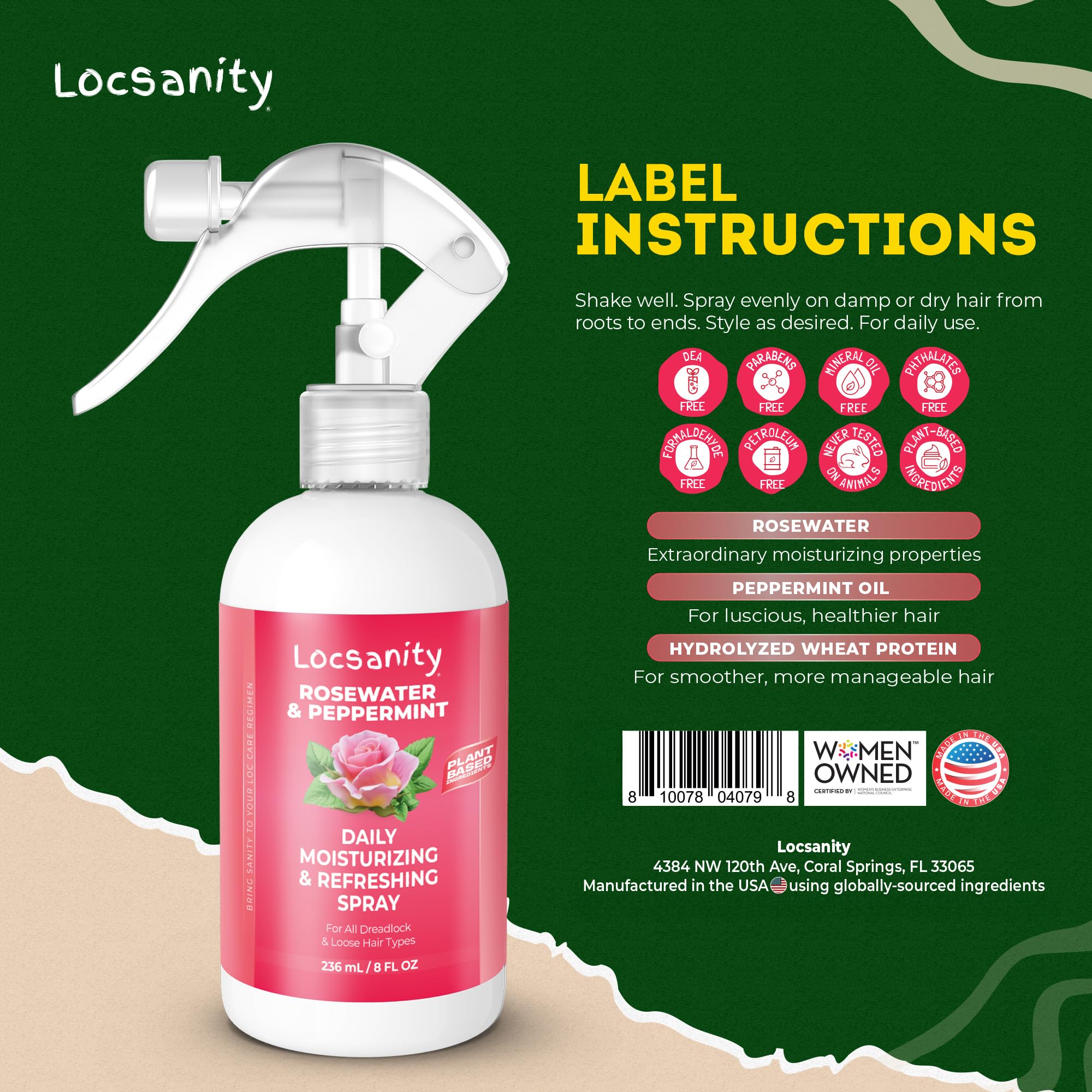 Locsanity brume rose menthe sur les locs pour revitalisation quotidienne et senteur fraîche.