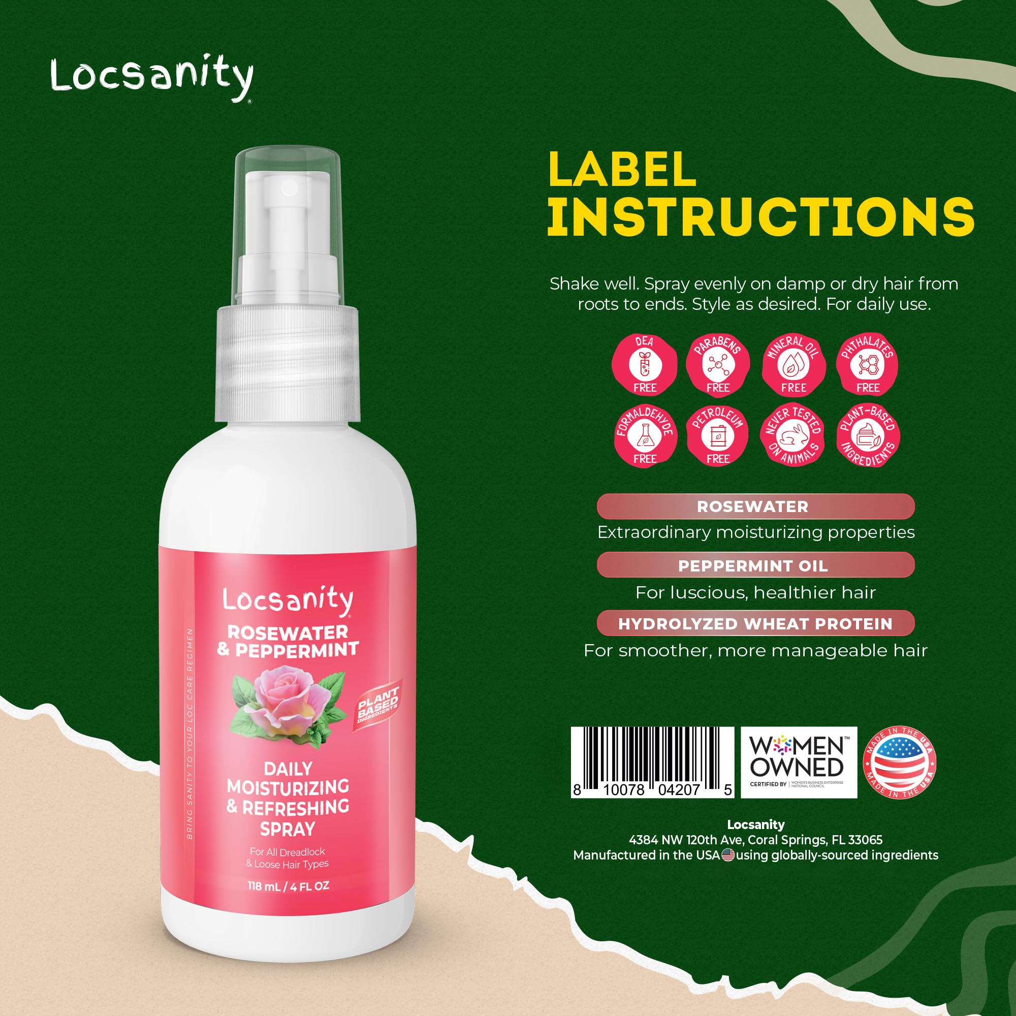 Étiquette Locsanity affichant l’Eau de Rose et Menthe pour locs.