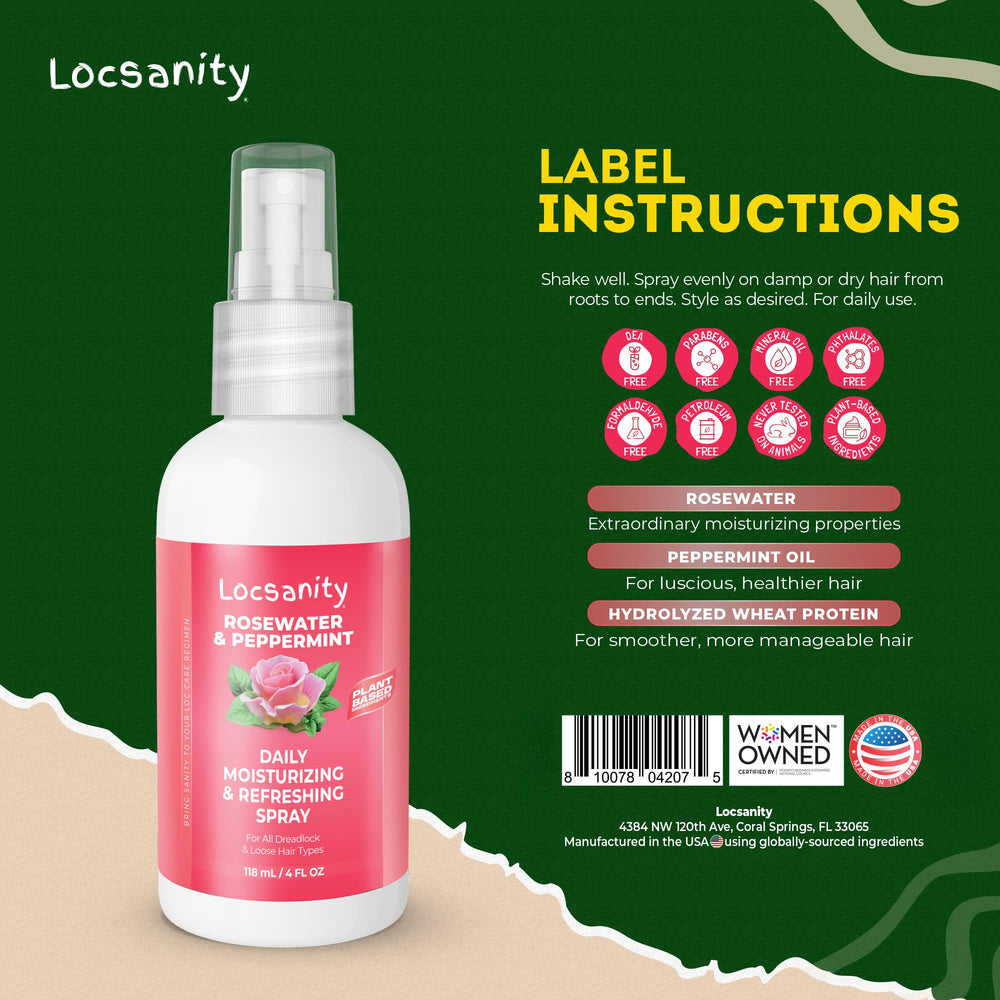 Étiquette Locsanity affichant l’Eau de Rose et Menthe pour locs.