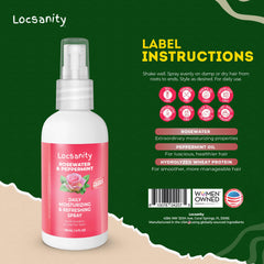 Étiquette Locsanity affichant l’Eau de Rose et Menthe pour locs.