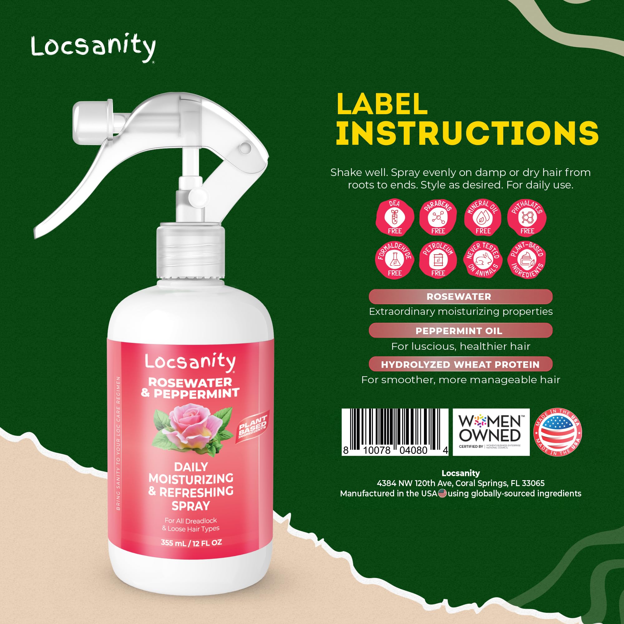 Locsanity eau de rose et menthe, rafraîchit le cuir chevelu.
