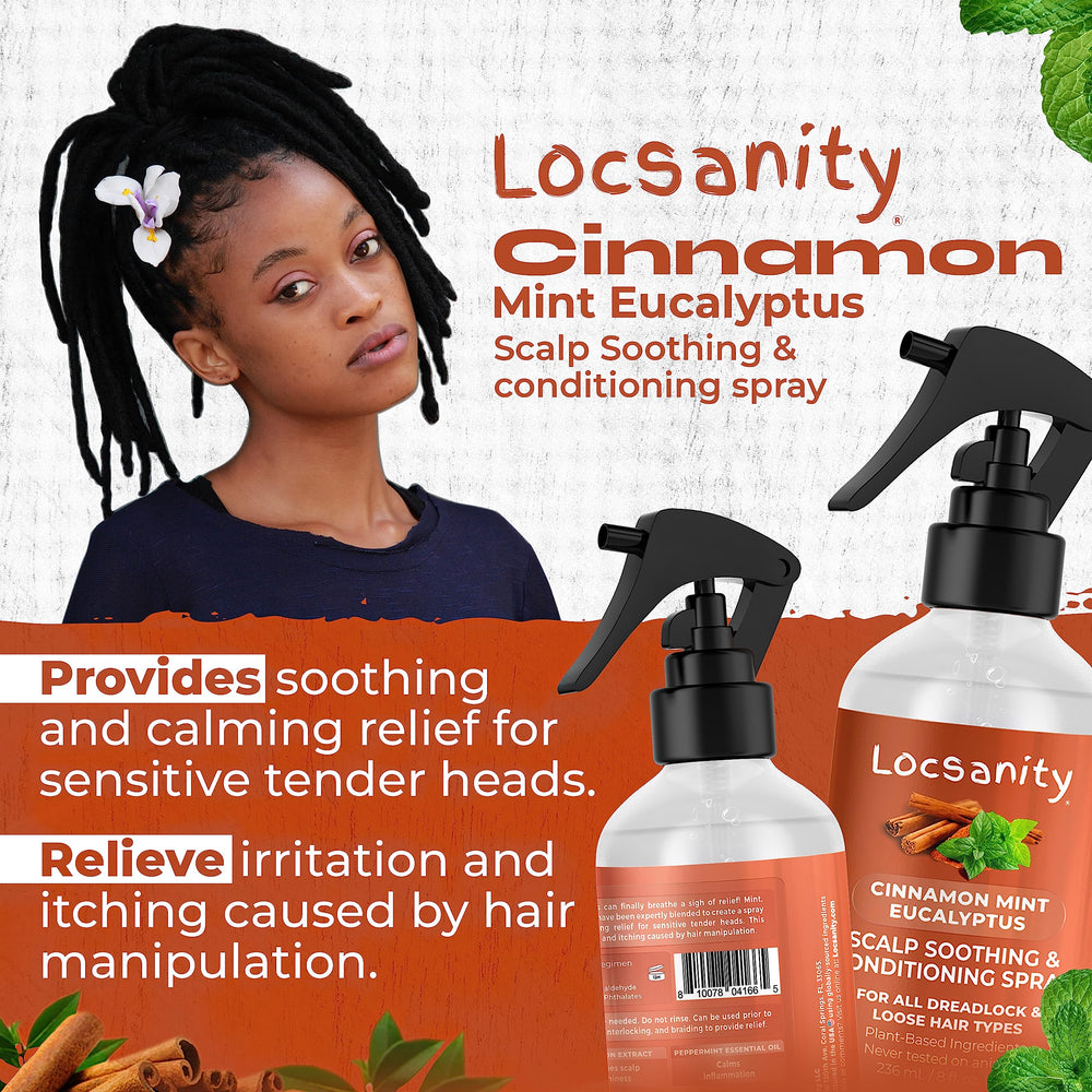 Locsanity ingredients-closeup highlights mint, cinnamon, eucalyptus for natural soothing.