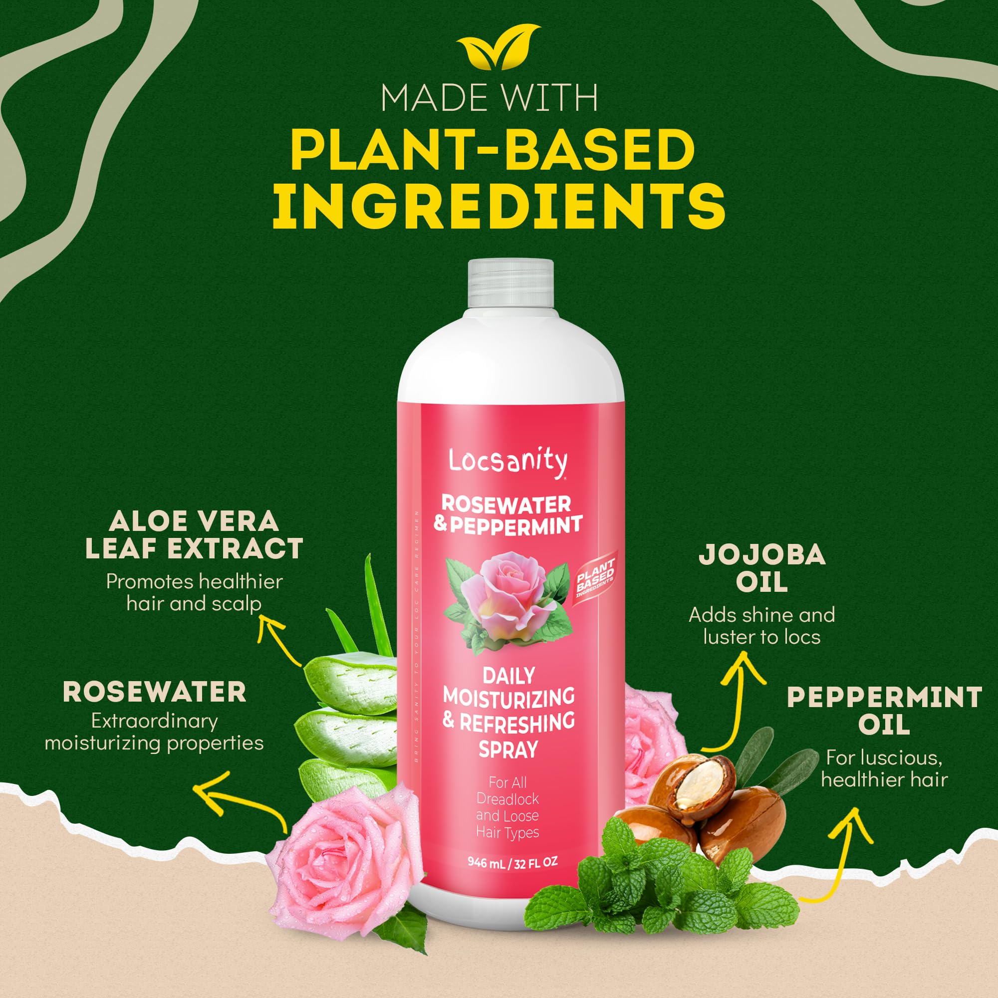 Locsanity ingrédients naturels eau de rose et menthe.