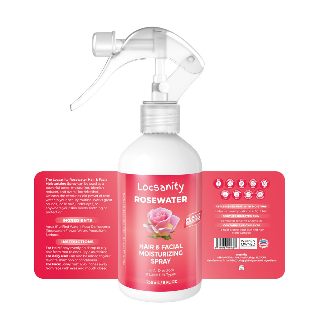 Locsanity Rosewater mist applied to face and locs for balance and freshness.