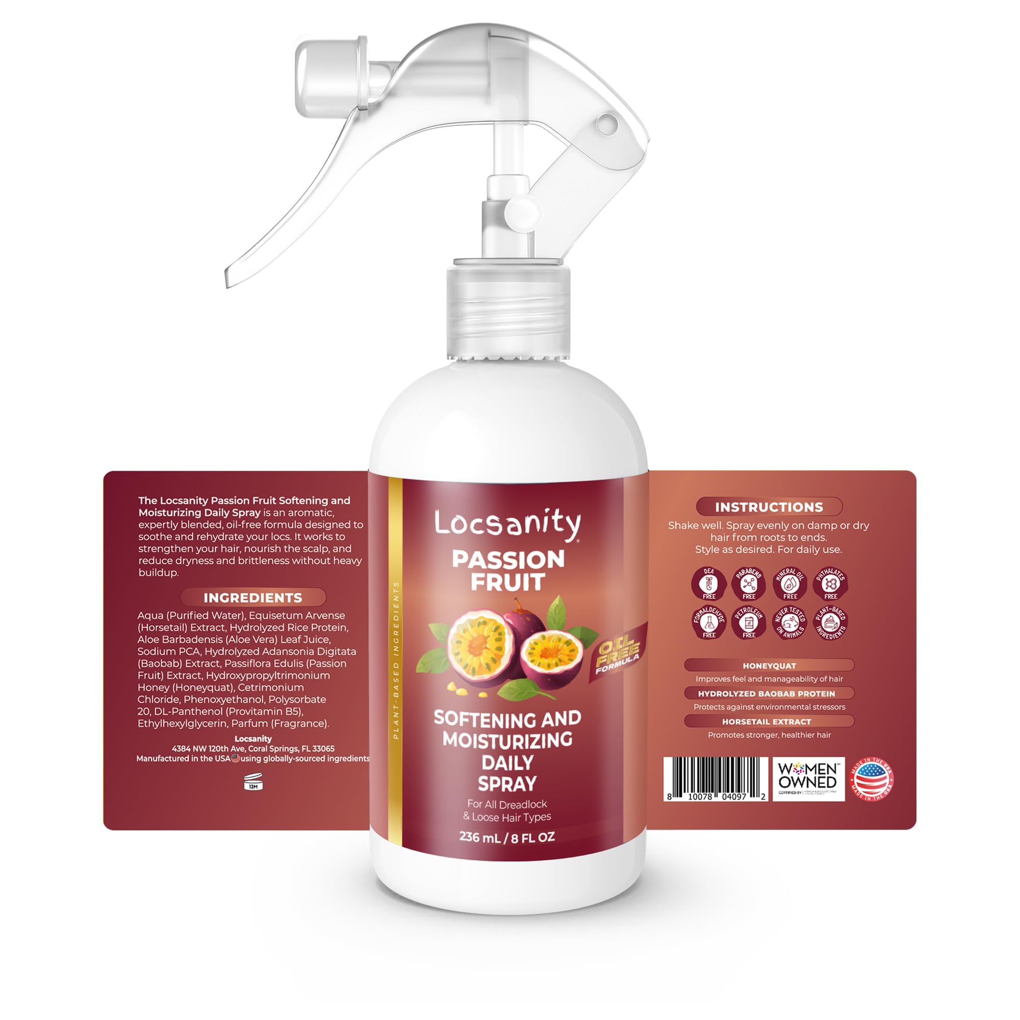 Locsanity spray aromatisant fruit de la passion, parfum agréable et revitalisant pour les cheveux.
