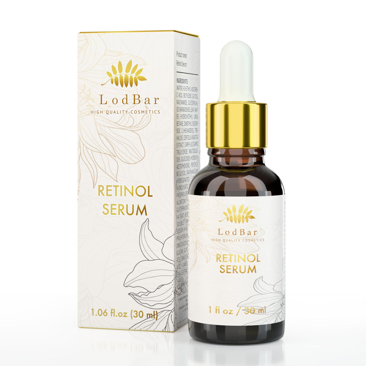LodBar Sérum Rétinol Bakuchiol, bouteille avec pipette, absorption rapide et hydratation durable.