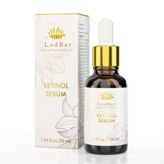 LodBar Sérum Rétinol Bakuchiol, bouteille avec pipette, absorption rapide et hydratation durable.