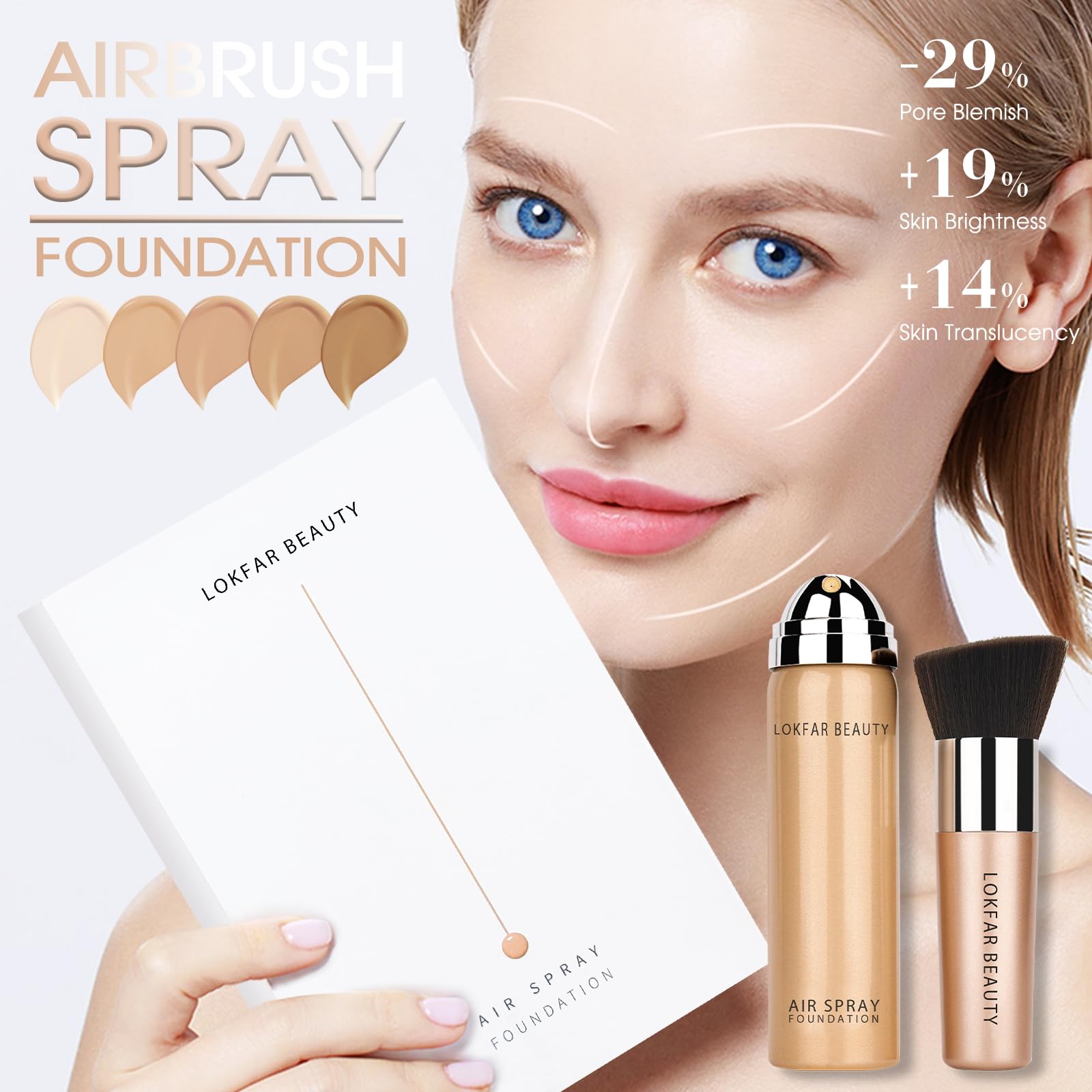LOKFAR AirBrush Foundation Spray – Pinceau inclus pour application homogène.