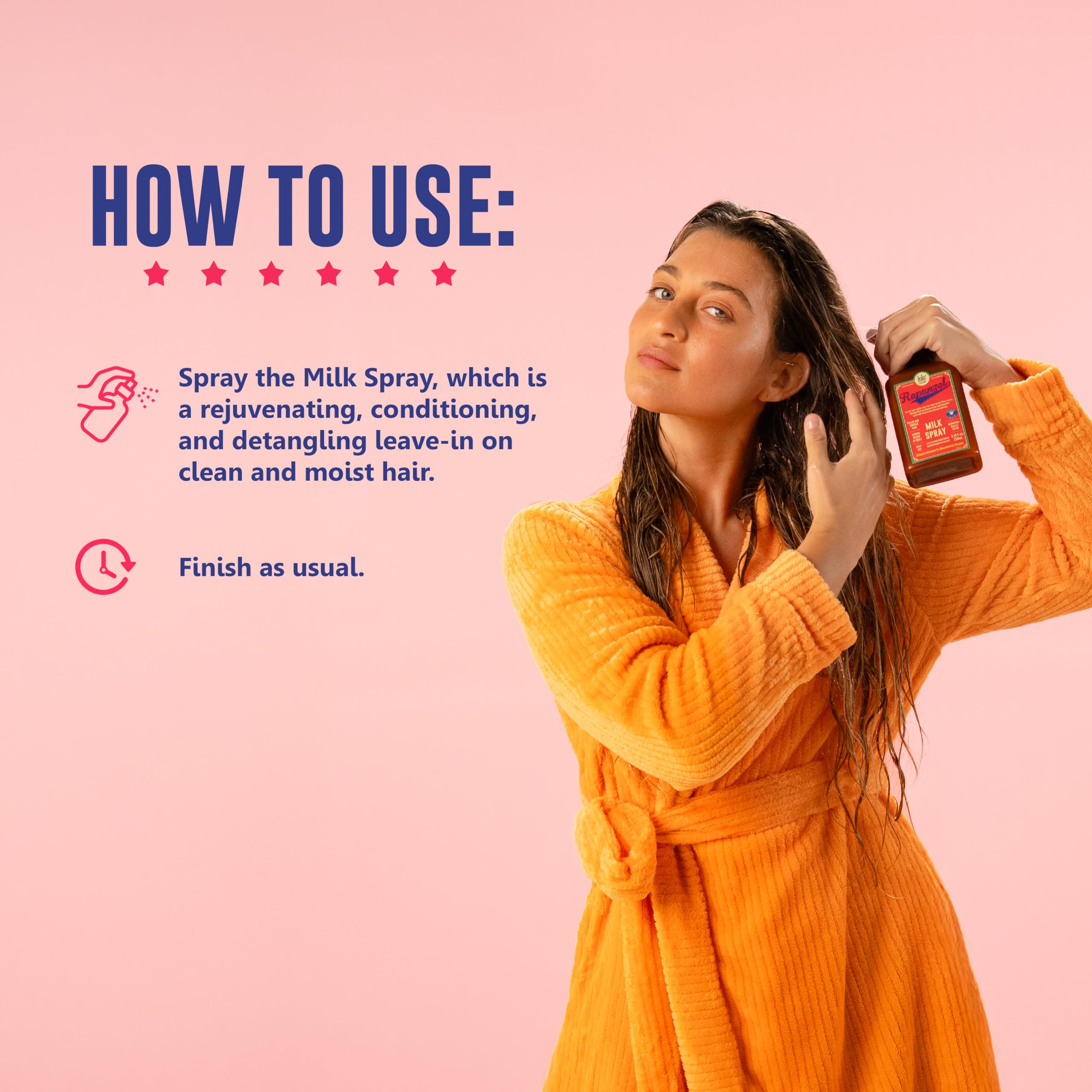 Avant/après coiffage avec Lola From Rio Rapunzel Milk Spray pour cheveux lisses.