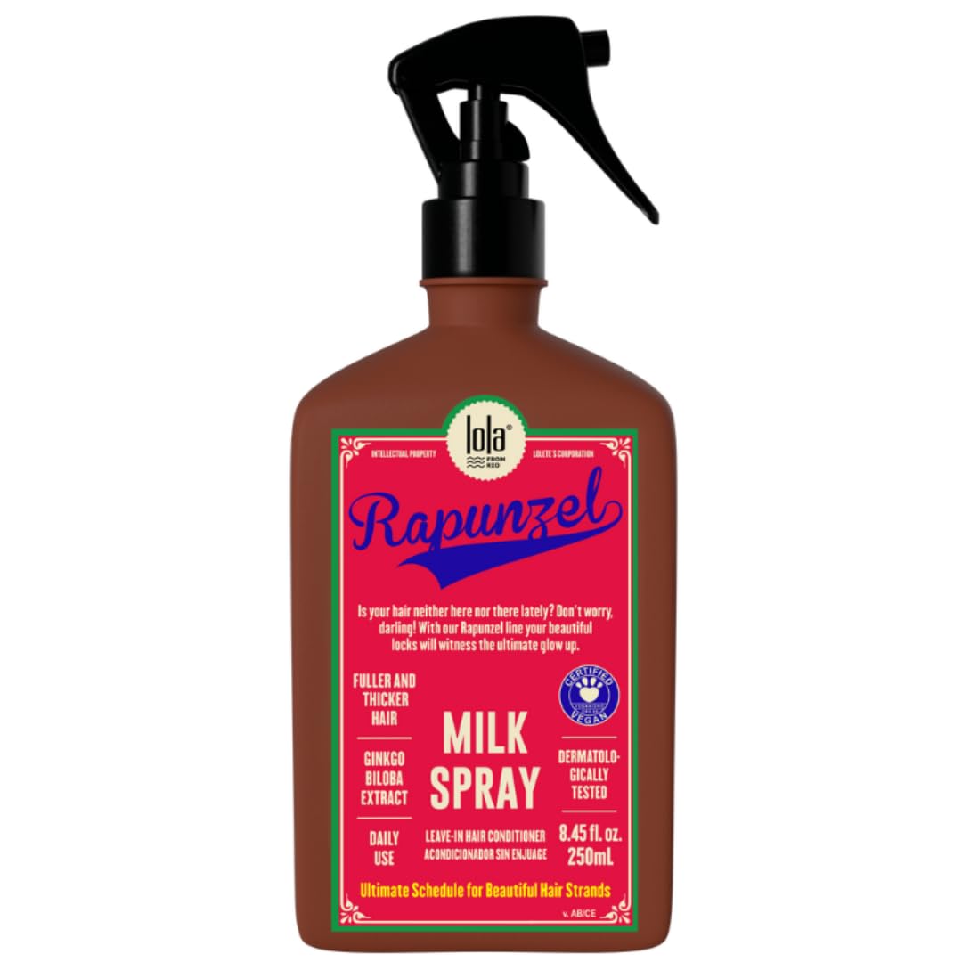 Lola From Rio Rapunzel Milk Spray – bouteille élégante, hydratation légère pour cheveux souples et faciles à démêler.