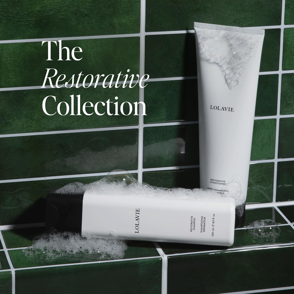 LolaVie Après-shampoing Restoratif – flacon élégant, texture soyeuse prête à nourrir les longueurs.