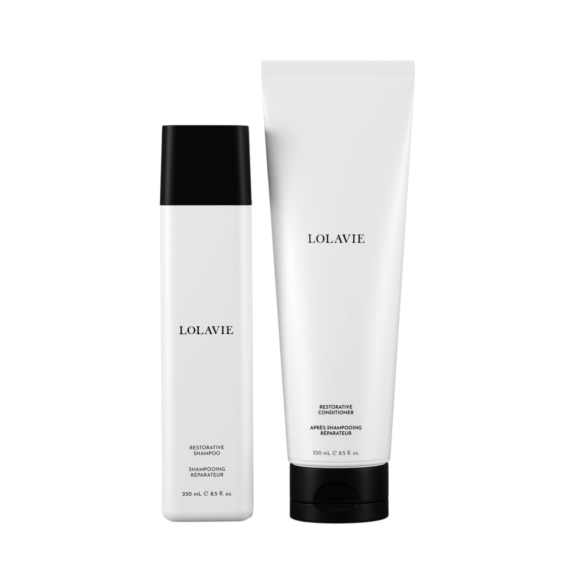 LolaVie Shampoing Restoratif – bouteille prête, cheveux visiblement plus forts après lavage.