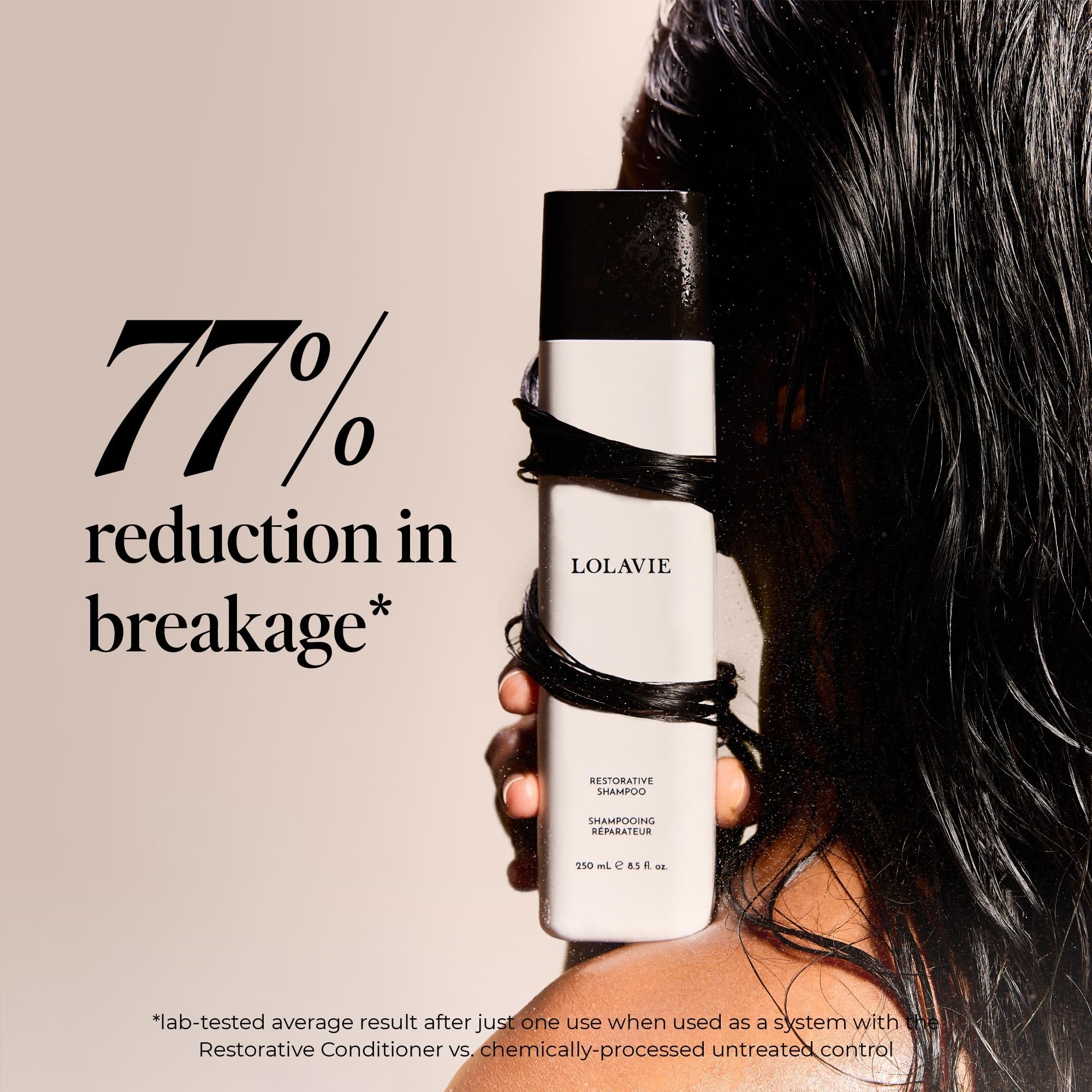 Lolavie Shampoing Restoratif 12x plus doux — cheveux plus faciles à dompter et coiffer.