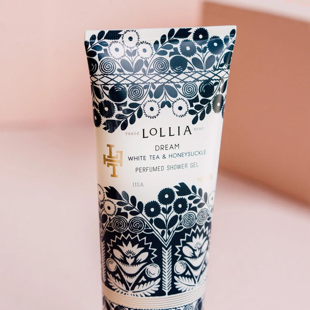 LOLLIA Dream Shower Gel—inclusions hydratantes de karité et jojoba pour nourrir la peau.