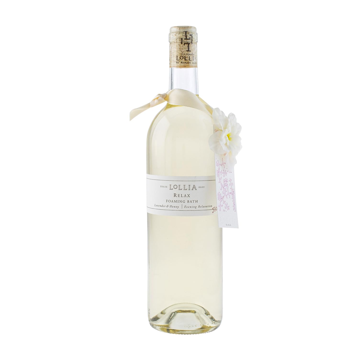 Bouteille design de Lollia Relax prête pour une pause spa luxueuse.