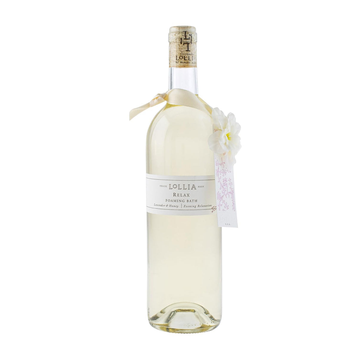Bouteille design de Lollia Relax prête pour une pause spa luxueuse.