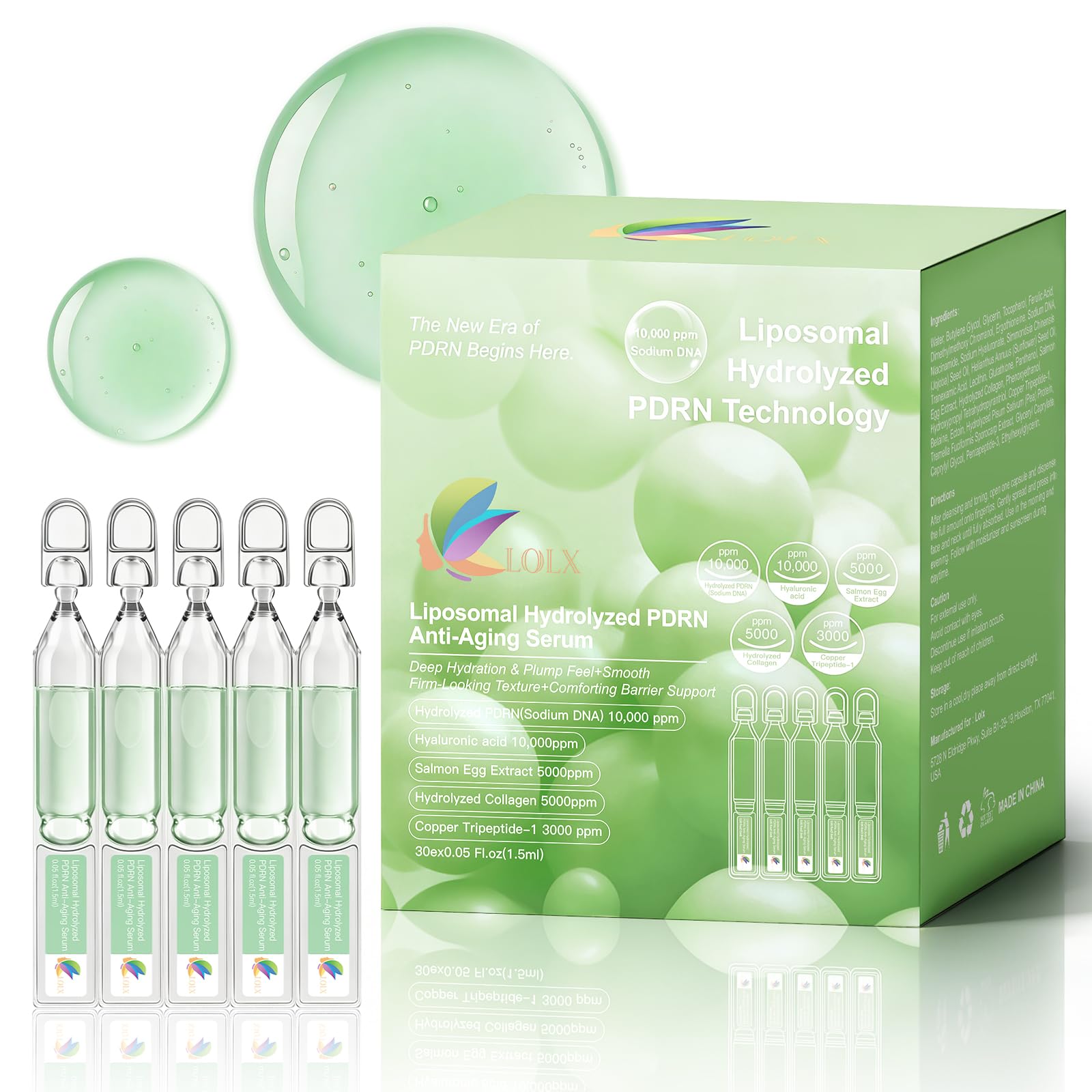 Lolx sérum liposomique PDRN en flacon — application précise pour peau lisse.